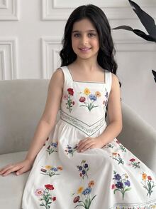 SHEIN Tween Girl Spring/Summer Casual Vacation Elegant Vintage Floral Print Square Neck Patchwork Ruched Hem Dress White Tween Girl - White - View 1