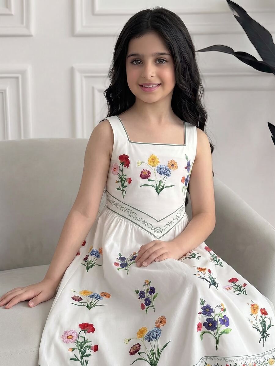 SHEIN Tween Girl Spring/Summer Casual Vacation Elegant Vintage Floral Print Square Neck Patchwork Ruched Hem Dress White Tween Girl - White - View 1