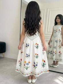 SHEIN Tween Girl Spring/Summer Casual Vacation Elegant Vintage Floral Print Square Neck Patchwork Ruched Hem Dress White Tween Girl - White - View 2