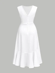 SHEIN Teen Girl's Solid Color Sleeveless Ruffle Lace Trim Snug Fit Dress Long Evening Dresses,Elegant And,Party,Date,Important Family Gathering - White - View 2