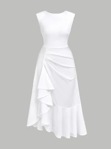 SHEIN Teen Girl's Solid Color Sleeveless Ruffle Lace Trim Snug Fit Dress Long Evening Dresses,Elegant And,Party,Date,Important Family Gathering - White - View 3