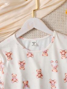 SHEIN Tween Girl Spring Summer Casual Cute Cartoon Bear Bow Print Loose Patchwork Ruched A-Line Short Sleeve Dress Nightgown Pink Colorblock Dress Tween Girl - Pink - View 3