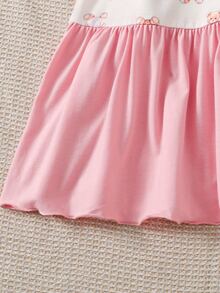 SHEIN Tween Girl Spring Summer Casual Cute Cartoon Bear Bow Print Loose Patchwork Ruched A-Line Short Sleeve Dress Nightgown Pink Colorblock Dress Tween Girl - Pink - View 5