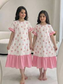 SHEIN Tween Girl Spring Summer Casual Cute Cartoon Bear Bow Print Loose Patchwork Ruched A-Line Short Sleeve Dress Nightgown Pink Colorblock Dress Tween Girl - Pink - View 6