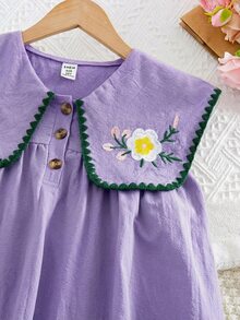 SHEIN Tween Girls/Tween Girl Girls Pastoral Floral Embroidered Pattern Ruffle Collar Puff Sleeve Dress,Versatile Round Neck Trim Contrast Color - Purple - View 7