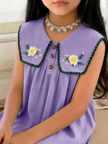 SHEIN Tween Girls/Tween Girl Girls Pastoral Floral Embroidered Pattern Ruffle Collar Puff Sleeve Dress,Versatile Round Neck Trim Contrast Color - Purple - View 4