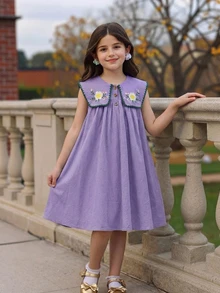SHEIN Tween Girls/Tween Girl Girls Pastoral Floral Embroidered Pattern Ruffle Collar Puff Sleeve Dress,Versatile Round Neck Trim Contrast Color - Purple - View 8