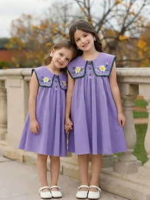 SHEIN Tween Girls/Tween Girl Girls Pastoral Floral Embroidered Pattern Ruffle Collar Puff Sleeve Dress,Versatile Round Neck Trim Contrast Color - Purple - View 5