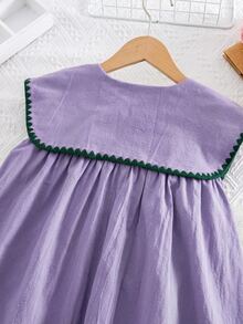 SHEIN Tween Girls/Tween Girl Girls Pastoral Floral Embroidered Pattern Ruffle Collar Puff Sleeve Dress,Versatile Round Neck Trim Contrast Color - Purple - View 12