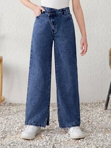 SHEIN Tween Girl Y2K Spring Summer Boho Stonewashed Casual Split Hem Asymmetrical Waist Baggy Wide Leg Denim Jeans - Medium Wash - View 1