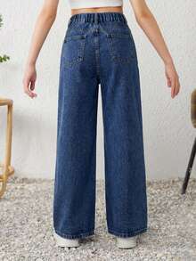 SHEIN Tween Girl Y2K Spring Summer Boho Stonewashed Casual Split Hem Asymmetrical Waist Baggy Wide Leg Denim Jeans - Medium Wash - View 2