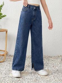 SHEIN Tween Girl Y2K Spring Summer Boho Stonewashed Casual Split Hem Asymmetrical Waist Baggy Wide Leg Denim Jeans - Medium Wash - View 4