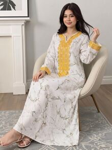 SHEIN Teen Girl Elegant Geometric Pattern Floral Print Notch Neck Long Sleeve Long Maxi Dress - Multicolor - View 1