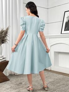 SHEIN Teen Girls Green Satin Gigot Sleeve A-Line Party Evening Dress - Green - View 2