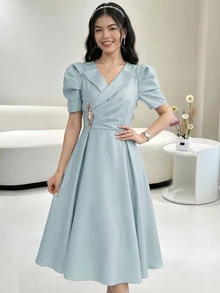 SHEIN Teen Girls Green Satin Gigot Sleeve A-Line Party Evening Dress - Green - View 1