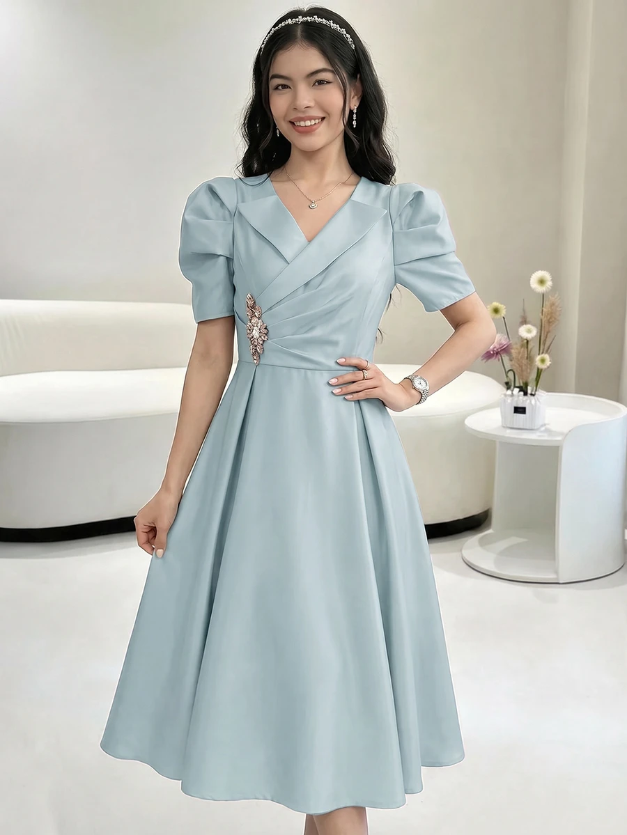 SHEIN Teen Girls Green Satin Gigot Sleeve A-Line Party Evening Dress - Green - View 1