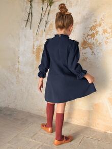 SHEIN Tween Girl Loose Casual Comfortable Ruffle Collar Long Sleeve Contrast Bow Decor Dress - Blue - View 2