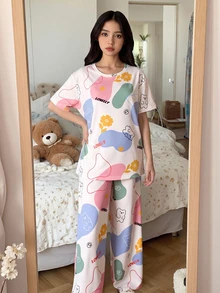 SHEIN Tween Girl Cartoon Bear Print Crew Neck Short Sleeve Loose Casual Home Pajama Set, 2pcs Pj Sets For Teens, Tween Girl - White - View 1