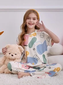 SHEIN Tween Girl Cartoon Bear Print Crew Neck Short Sleeve Loose Casual Home Pajama Set, 2pcs Pj Sets For Teens, Tween Girl - White - View 6