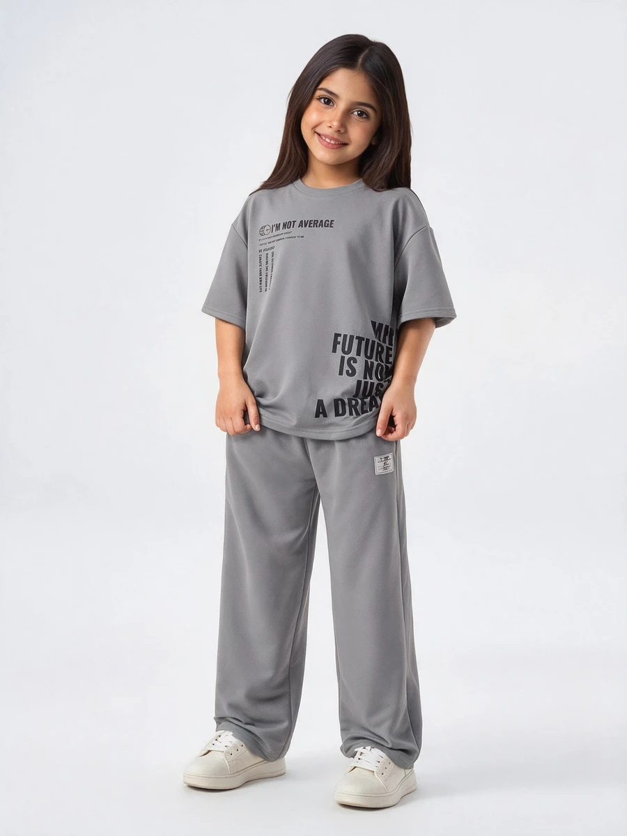 SHEIN Tween Girls' Casual Minimalist Comfortable Round Neck Short Sleeve T-Shirt And Pants Set - Grey - View 1