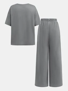 SHEIN Tween Girls' Casual Minimalist Comfortable Round Neck Short Sleeve T-Shirt And Pants Set - Grey - View 2
