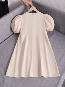 SHEIN Tween Girl Woven Solid Color Patchwork Striped Bow Decor A-Line Dress, Suitable For Travel, Vacation, Countryside Style, Casual Resort, Bohemian, Tween Girl - Khaki - View 2