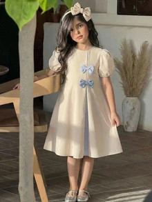 SHEIN Tween Girl Woven Solid Color Patchwork Striped Bow Decor A-Line Dress, Suitable For Travel, Vacation, Countryside Style, Casual Resort, Bohemian, Tween Girl - Khaki - View 9