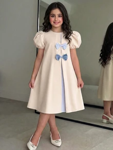 SHEIN Tween Girl Woven Solid Color Patchwork Striped Bow Decor A-Line Dress, Suitable For Travel, Vacation, Countryside Style, Casual Resort, Bohemian, Tween Girl - Khaki - View 1