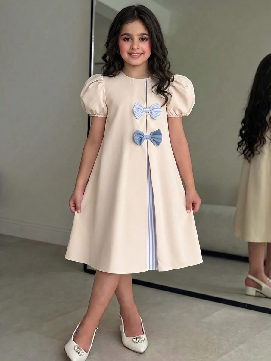 SHEIN Tween Girl Woven Solid Color Patchwork Striped Bow Decor A-Line Dress, Suitable For Travel, Vacation, Countryside Style, Casual Resort, Bohemian, Tween Girl - Khaki - View 1