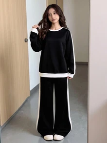 2件套儿童/青少年女孩休闲运动卫衣和阔腿运动裤套装，撞色超大圆领长袖连帽衫和宽松运动裤，返校套装，黑白配色 - 黑與白 - 查看 1