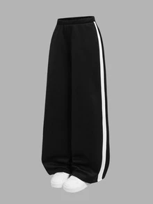 2件套儿童/青少年女孩休闲运动卫衣和阔腿运动裤套装，撞色超大圆领长袖连帽衫和宽松运动裤，返校套装，黑白配色 - 黑與白 - 查看 8