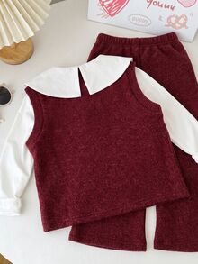 Genkimix Kids 3pcs/Set Girls' Solid Color Ruffle Collar Top + Front Button Vest + Solid Color Straight Leg Casual Pants, Suitable For Autumn Campus Wear - Red - View 2