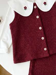 Genkimix Kids 3pcs/Set Girls' Solid Color Ruffle Collar Top + Front Button Vest + Solid Color Straight Leg Casual Pants, Suitable For Autumn Campus Wear - Red - View 7