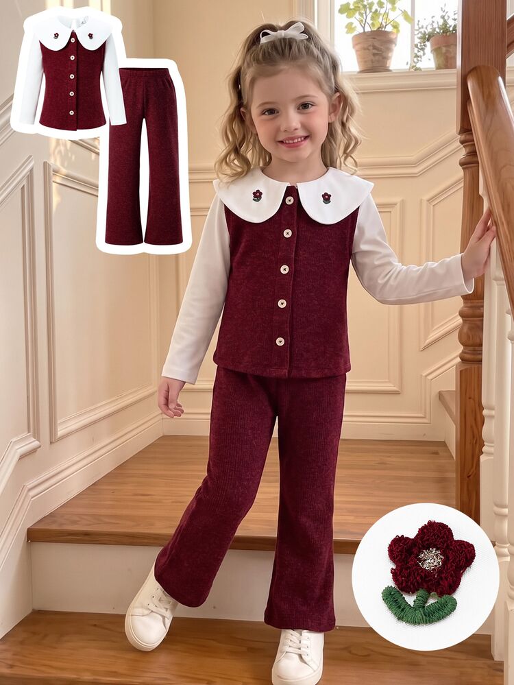Genkimix Kids 3pcs/Set Girls' Solid Color Ruffle Collar Top + Front Button Vest + Solid Color Straight Leg Casual Pants, Suitable For Autumn Campus Wear - Red - View 3