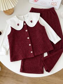Genkimix Kids 3pcs/Set Girls' Solid Color Ruffle Collar Top + Front Button Vest + Solid Color Straight Leg Casual Pants, Suitable For Autumn Campus Wear - Red - View 1