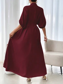 Rafferiza Elegant Round Neck Loose Solid Color Lantern Sleeve Waist Pleated Long Dress For Women - Burgundy - View 2