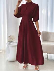 Rafferiza Elegant Round Neck Loose Solid Color Lantern Sleeve Waist Pleated Long Dress For Women - Burgundy - View 8