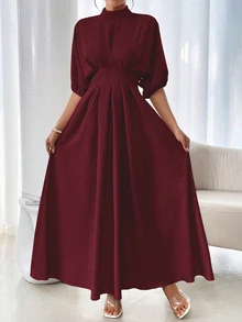 Rafferiza Elegant Round Neck Loose Solid Color Lantern Sleeve Waist Pleated Long Dress For Women - Burgundy - View 6