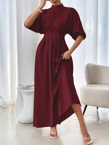 Rafferiza Elegant Round Neck Loose Solid Color Lantern Sleeve Waist Pleated Long Dress For Women - Burgundy - View 7