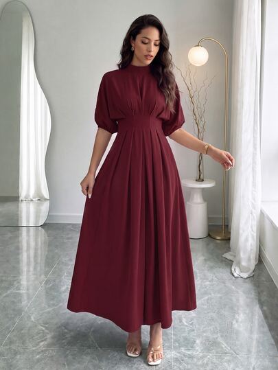 Rafferiza Elegant Round Neck Loose Solid Color Lantern Sleeve Waist Pleated Long Dress For Women