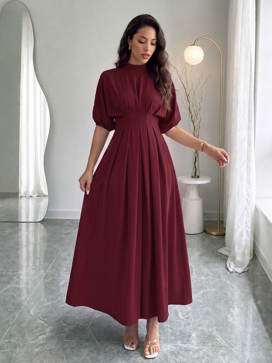 Rafferiza Elegant Round Neck Loose Solid Color Lantern Sleeve Waist Pleated Long Dress For Women - Burgundy - View 1