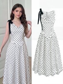 Teen Girl Casual Daily Versatile Comfortable Polka Dot Color Block Bow Decor Dress Teen Girl - White - View 5