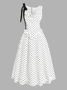 Teen Girl Casual Daily Versatile Comfortable Polka Dot Color Block Bow Decor Dress Teen Girl - White - View 3