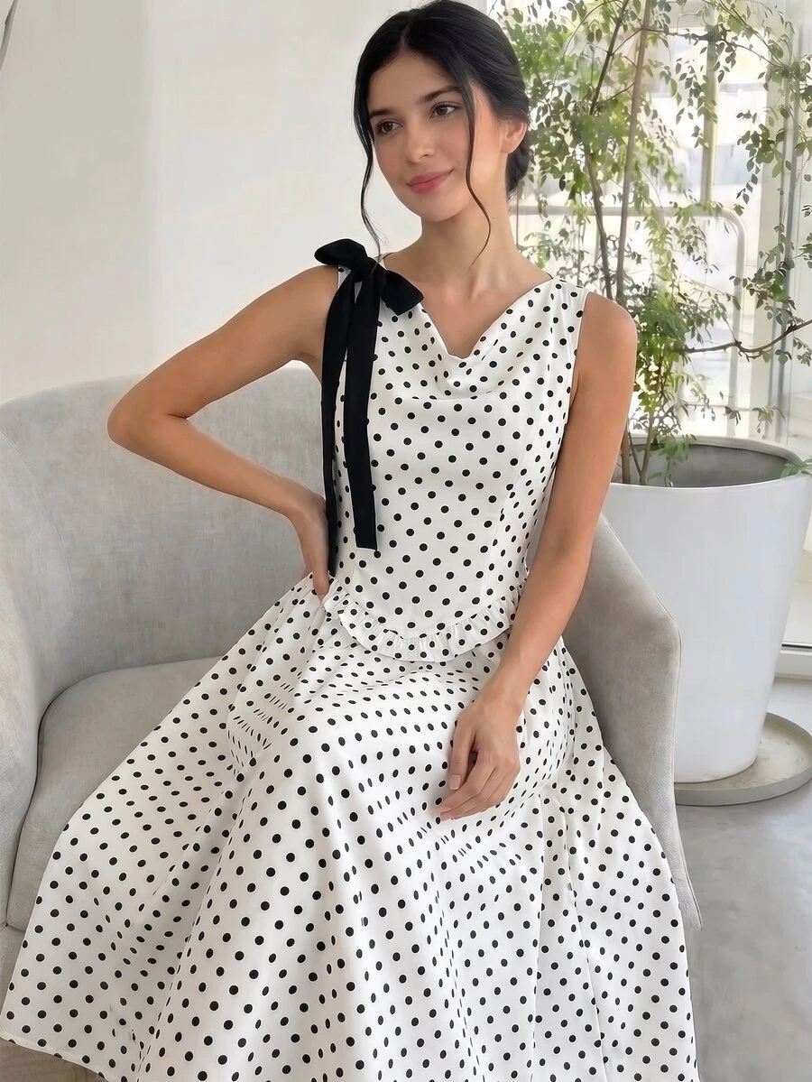 Teen Girl Casual Daily Versatile Comfortable Polka Dot Color Block Bow Decor Dress Teen Girl - White - View 1