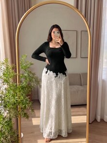 Cirelune Đầm size lớn phối hai màu cổ vuông ren gấu xòe - Nhiều màu - Xem 2