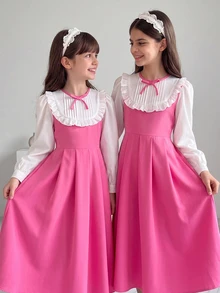 SHEIN 青少年女孩針織洋紅色拼接白色對比色休閒優雅長袖洋裝 - 玫紅色 - 查看 1