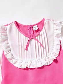 SHEIN 青少年女孩針織洋紅色拼接白色對比色休閒優雅長袖洋裝 - 玫紅色 - 查看 5