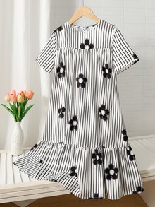SHEIN Tween Girls Floral Striped Round Neck Loose A-Line Casual Short Sleeve Dress, Back To School, Graduation Ceremony - Black and White - View 8