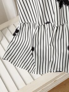 SHEIN Tween Girls Floral Striped Round Neck Loose A-Line Casual Short Sleeve Dress, Back To School, Graduation Ceremony - Black and White - View 4