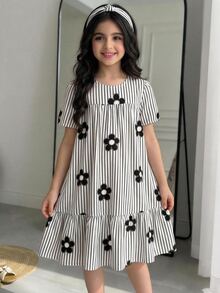 SHEIN Tween Girls Floral Striped Round Neck Loose A-Line Casual Short Sleeve Dress, Back To School, Graduation Ceremony - Black and White - View 1